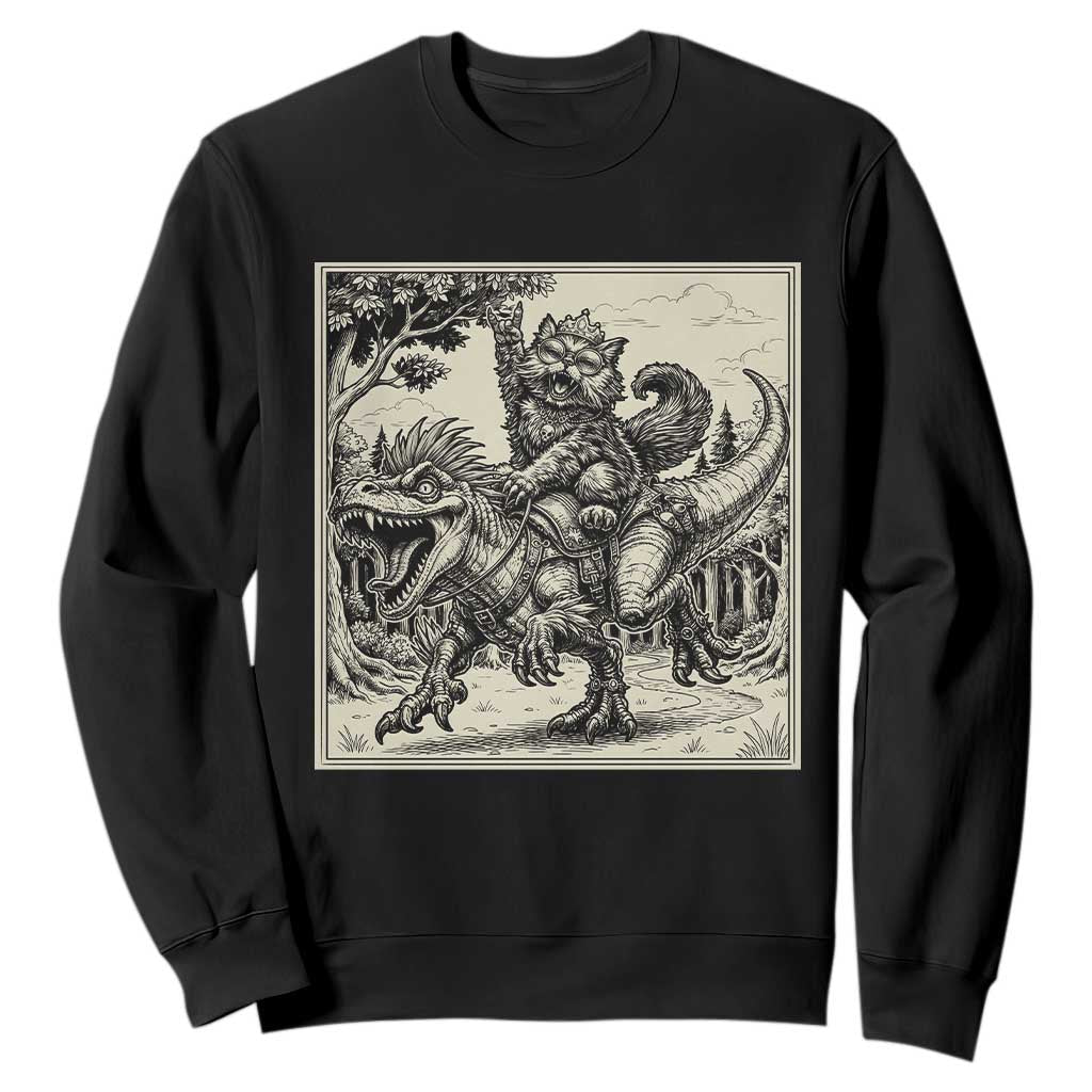Cool Royal Cat Riding Dinosaur Sweatshirt Rock N Roll Engraving Graphic Art