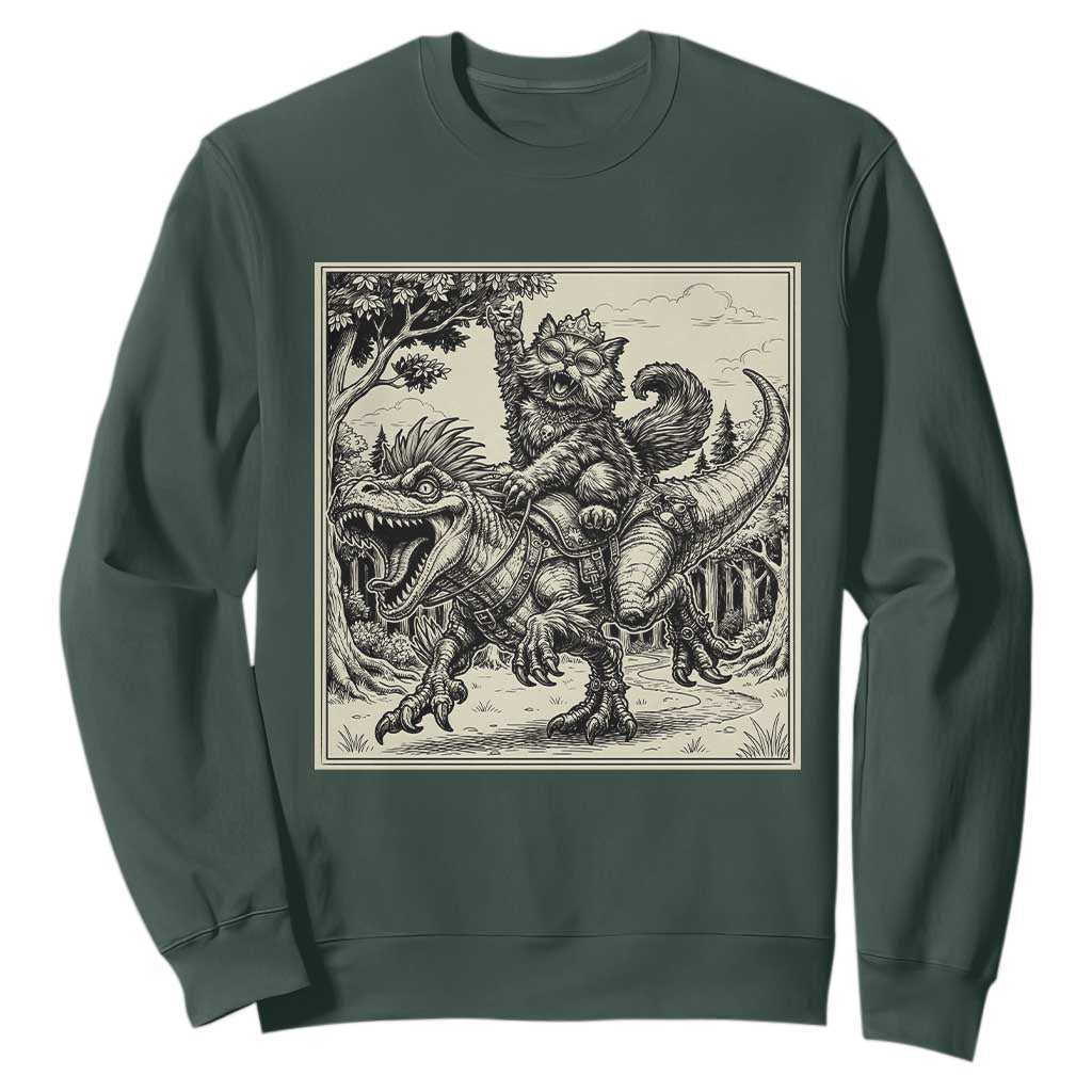 Cool Royal Cat Riding Dinosaur Sweatshirt Rock N Roll Engraving Graphic Art