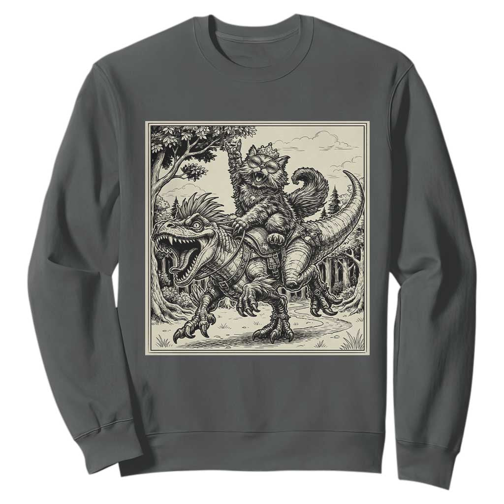 Cool Royal Cat Riding Dinosaur Sweatshirt Rock N Roll Engraving Graphic Art