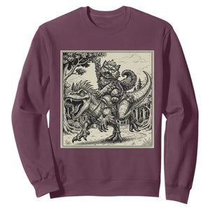 Cool Royal Cat Riding Dinosaur Sweatshirt Rock N Roll Engraving Graphic Art