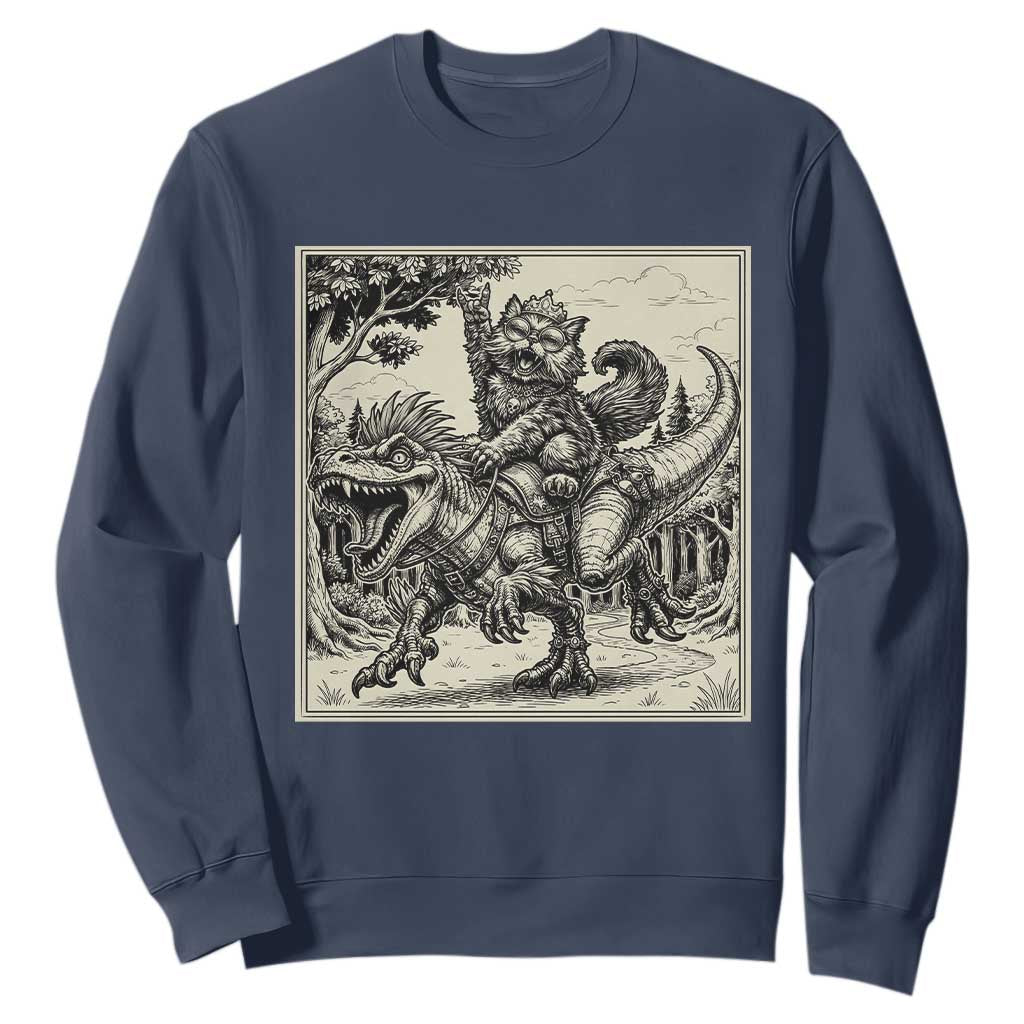 Cool Royal Cat Riding Dinosaur Sweatshirt Rock N Roll Engraving Graphic Art