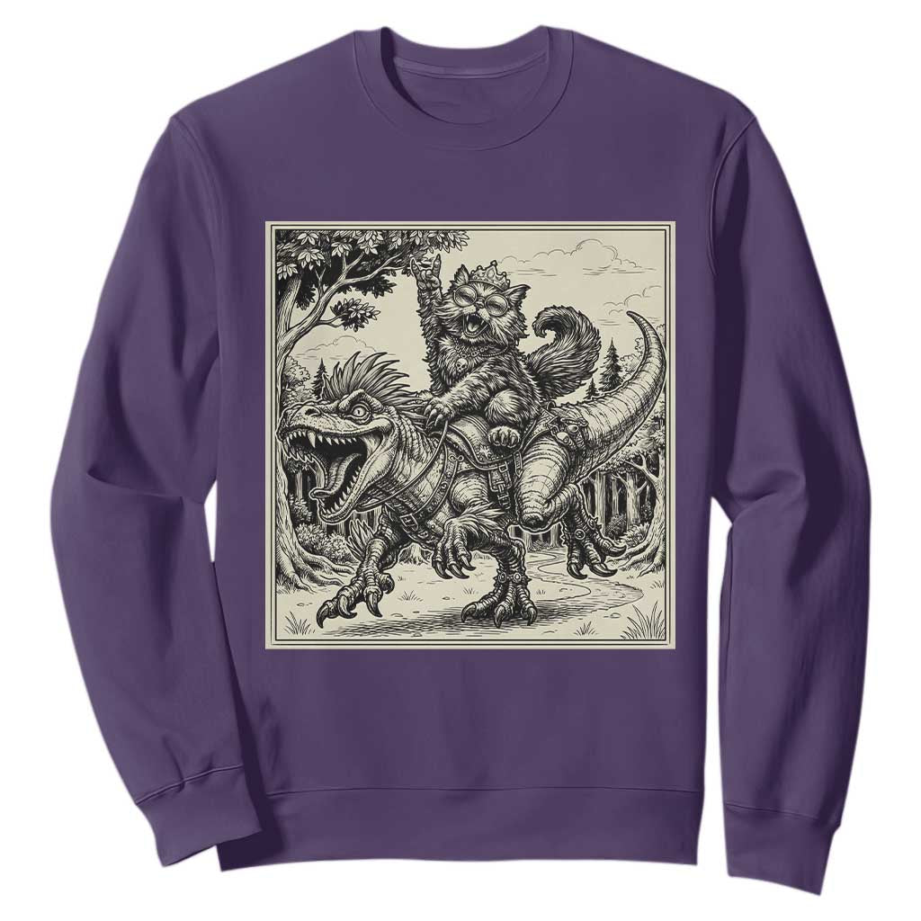 Cool Royal Cat Riding Dinosaur Sweatshirt Rock N Roll Engraving Graphic Art