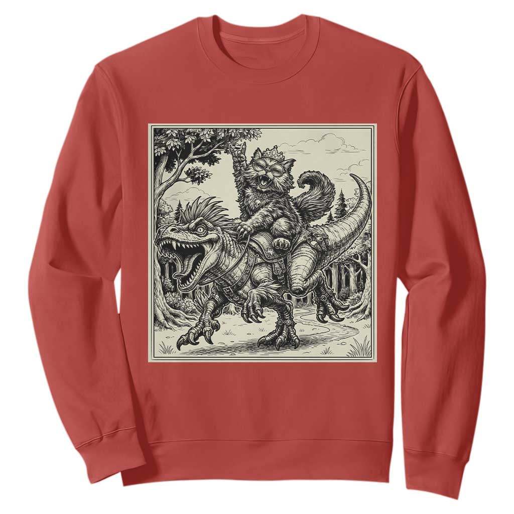 Cool Royal Cat Riding Dinosaur Sweatshirt Rock N Roll Engraving Graphic Art