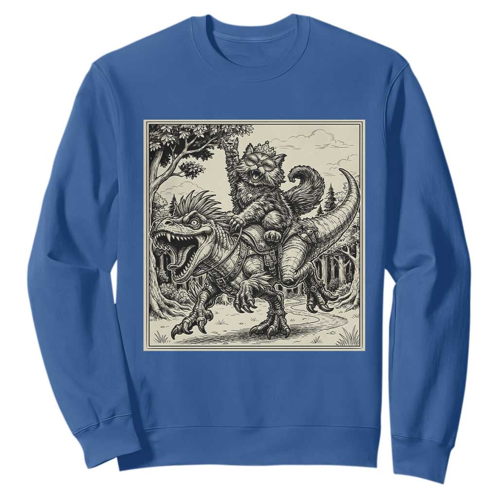 Cool Royal Cat Riding Dinosaur Sweatshirt Rock N Roll Engraving Graphic Art