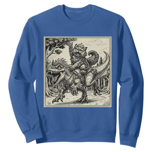 Cool Royal Cat Riding Dinosaur Sweatshirt Rock N Roll Engraving Graphic Art