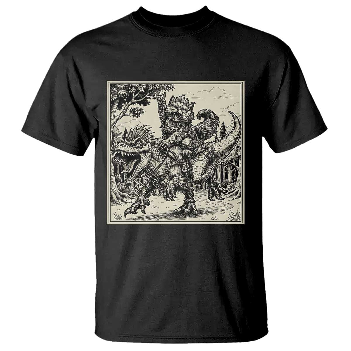 Cool Royal Cat Riding Dinosaur T Shirt Rock N Roll Engraving Graphic Art TS12 Black Print Your Wear