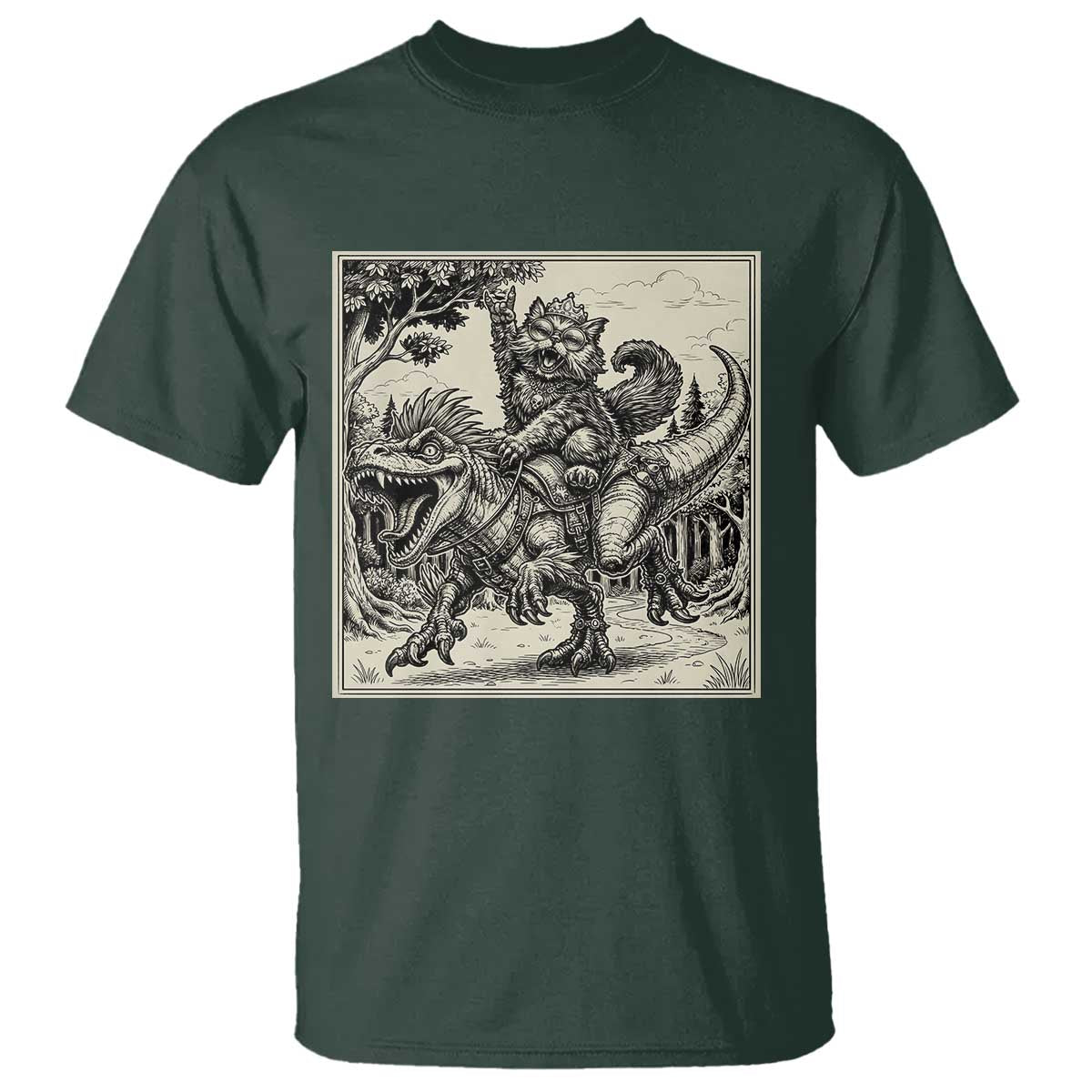 Cool Royal Cat Riding Dinosaur T Shirt Rock N Roll Engraving Graphic Art