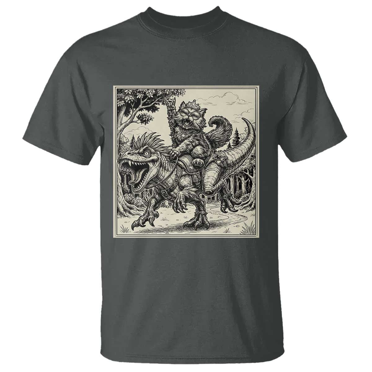 Cool Royal Cat Riding Dinosaur T Shirt Rock N Roll Engraving Graphic Art