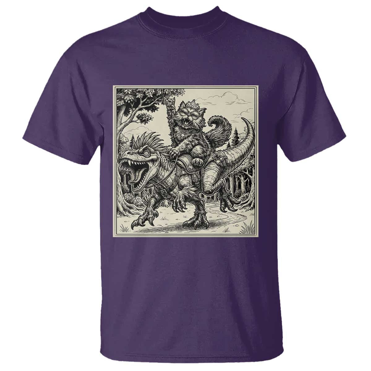 Cool Royal Cat Riding Dinosaur T Shirt Rock N Roll Engraving Graphic Art