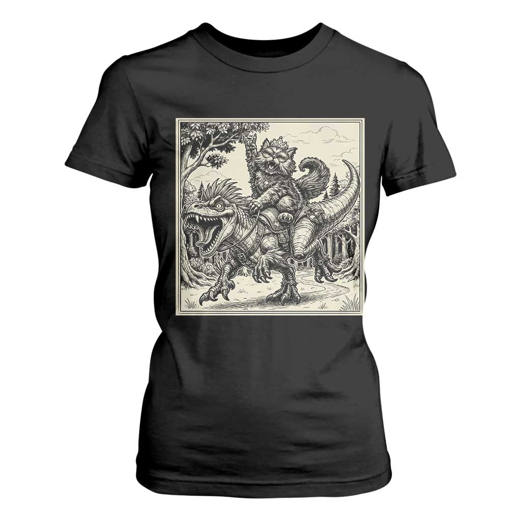 Cool Royal Cat Riding Dinosaur T Shirt For Women Rock N Roll Engraving Graphic Art