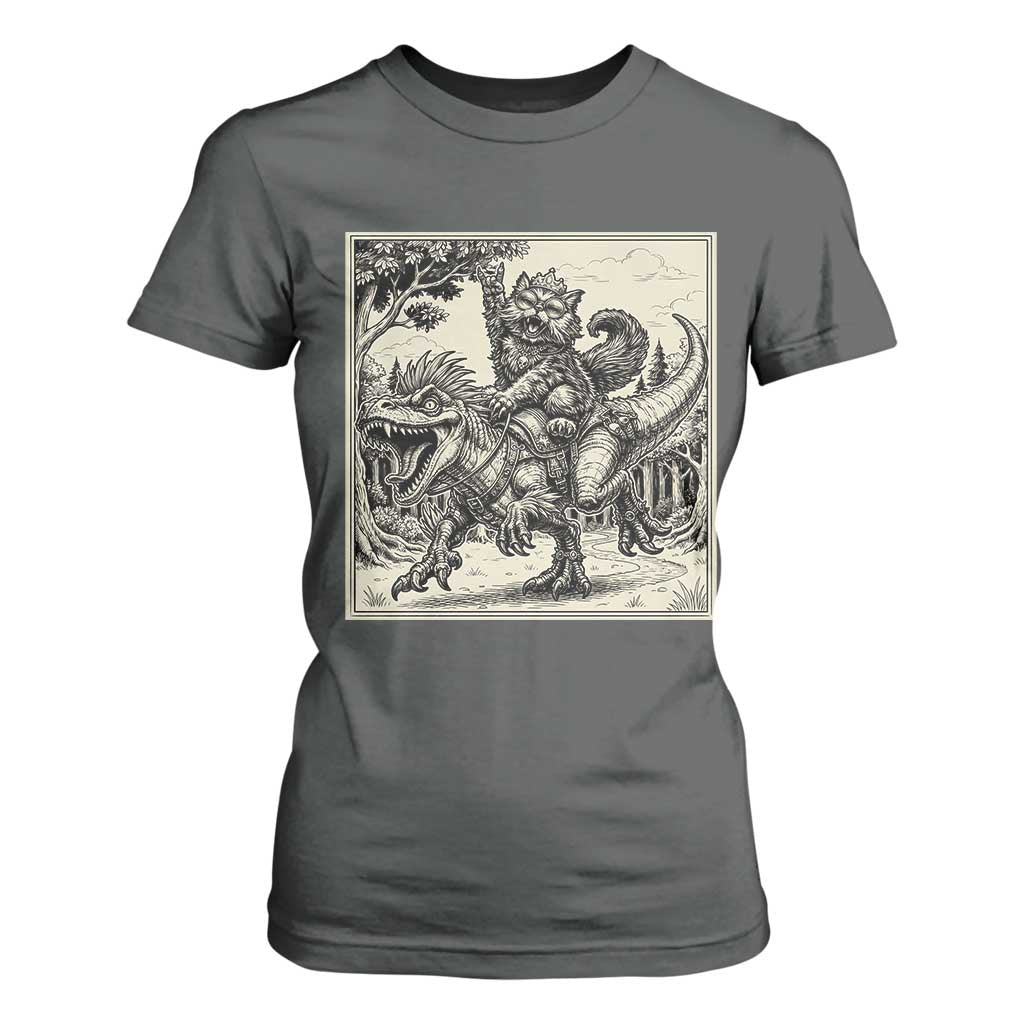 Cool Royal Cat Riding Dinosaur T Shirt For Women Rock N Roll Engraving Graphic Art
