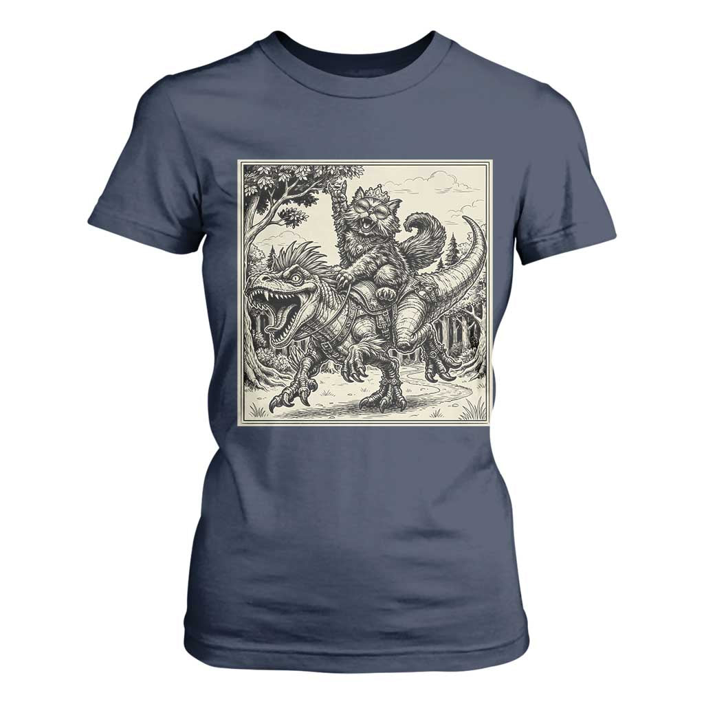Cool Royal Cat Riding Dinosaur T Shirt For Women Rock N Roll Engraving Graphic Art