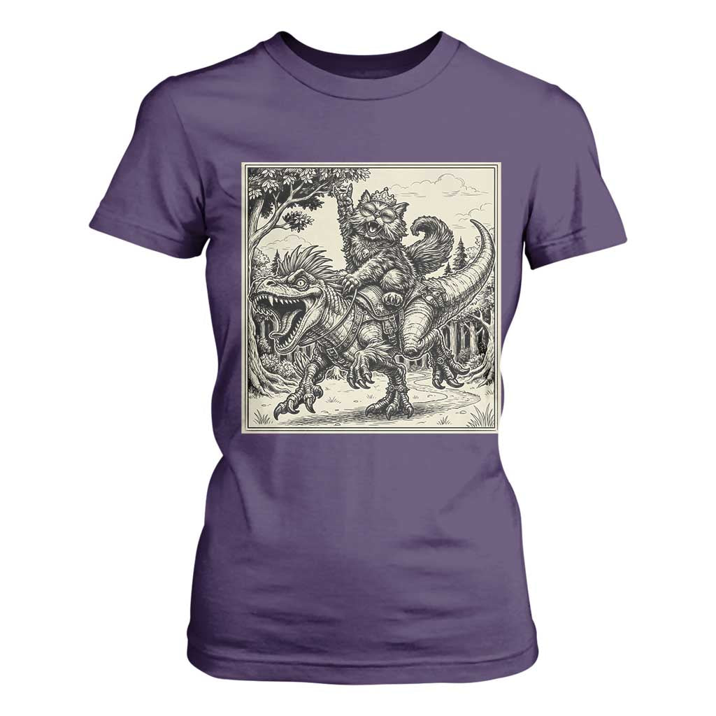 Cool Royal Cat Riding Dinosaur T Shirt For Women Rock N Roll Engraving Graphic Art