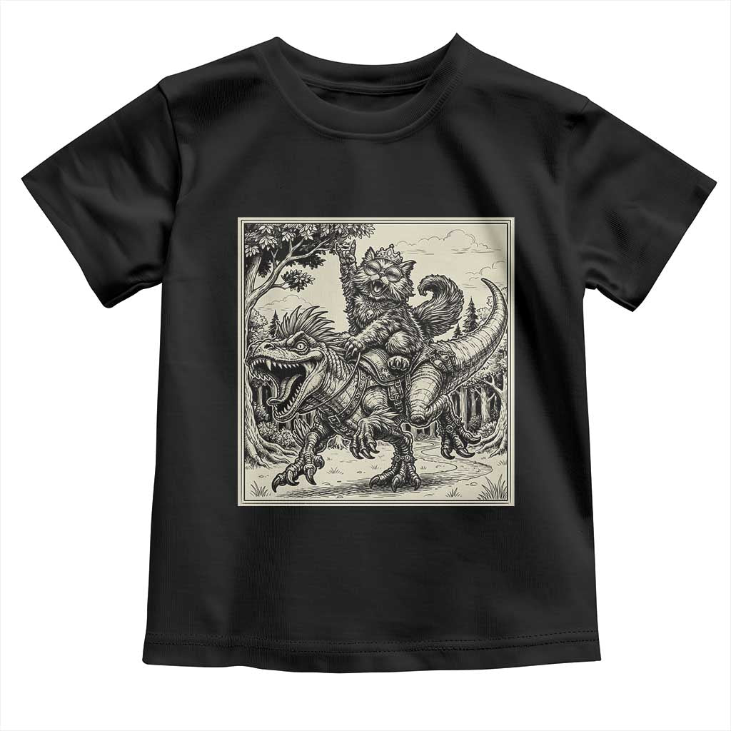 Cool Royal Cat Riding Dinosaur Toddler T Shirt Rock N Roll Engraving Graphic Art TS12 Black Print Your Wear