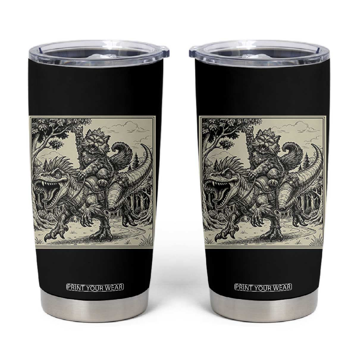 Cool Royal Cat Riding Dinosaur Tumbler Cup Rock N Roll Engraving Graphic Art TS12 Black Print Your Wear