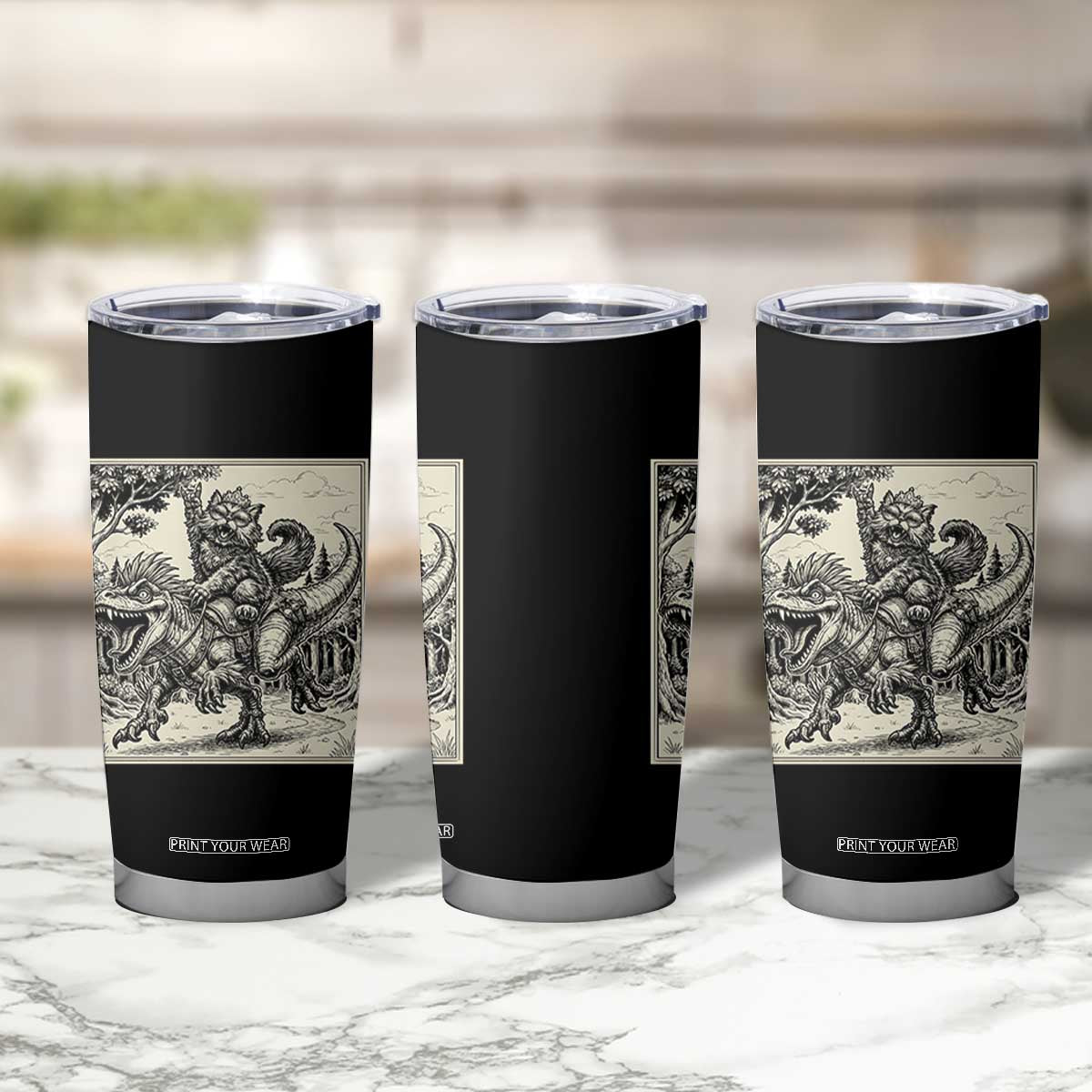 Cool Royal Cat Riding Dinosaur Tumbler Cup Rock N Roll Engraving Graphic Art
