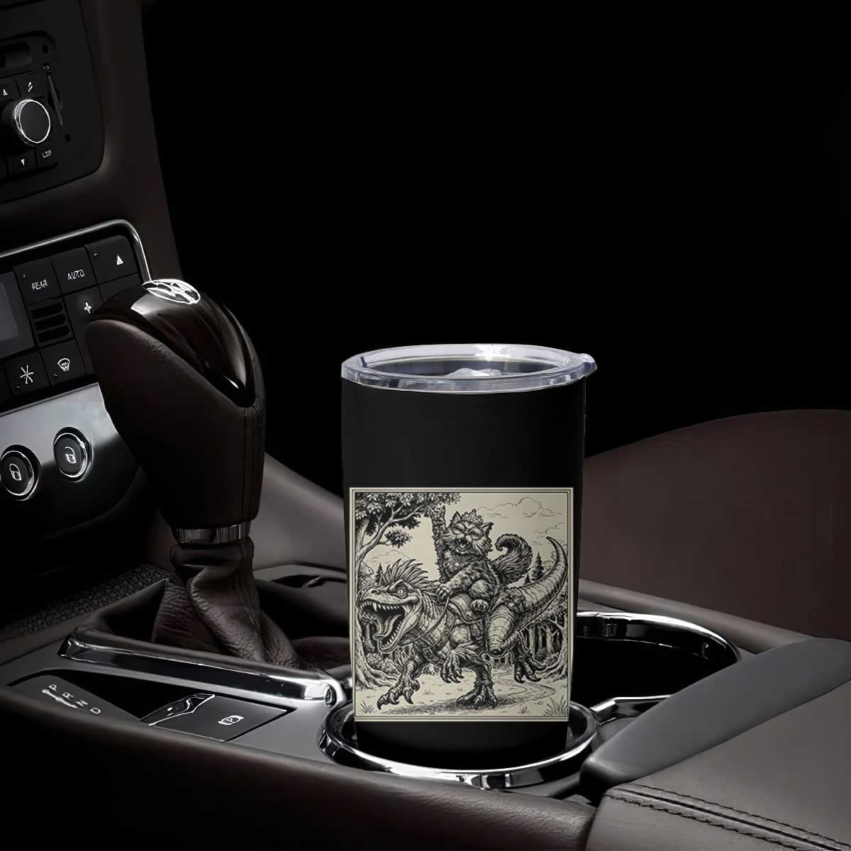Cool Royal Cat Riding Dinosaur Tumbler Cup Rock N Roll Engraving Graphic Art