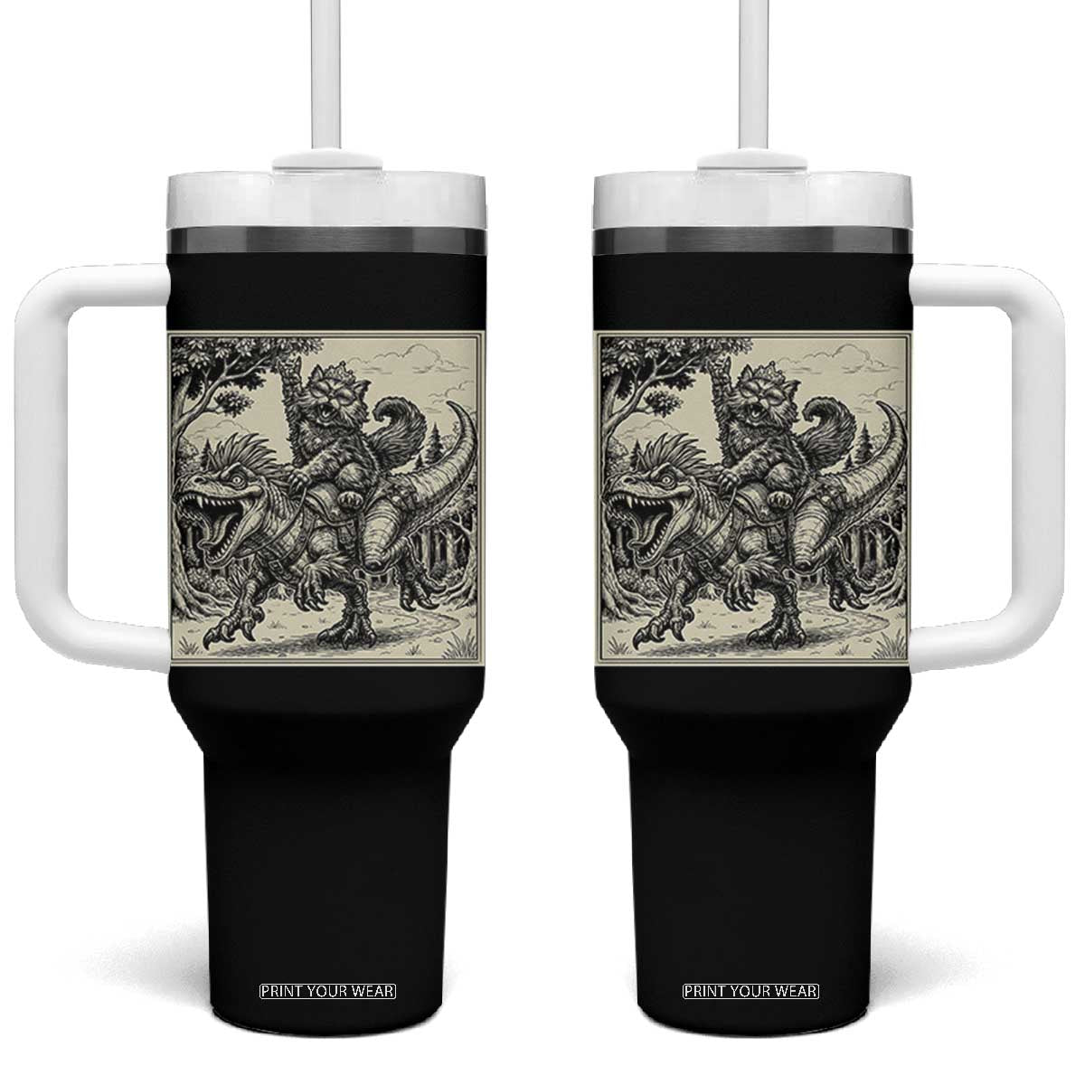 Cool Royal Cat Riding Dinosaur Tumbler With Handle Rock N Roll Engraving Graphic Art