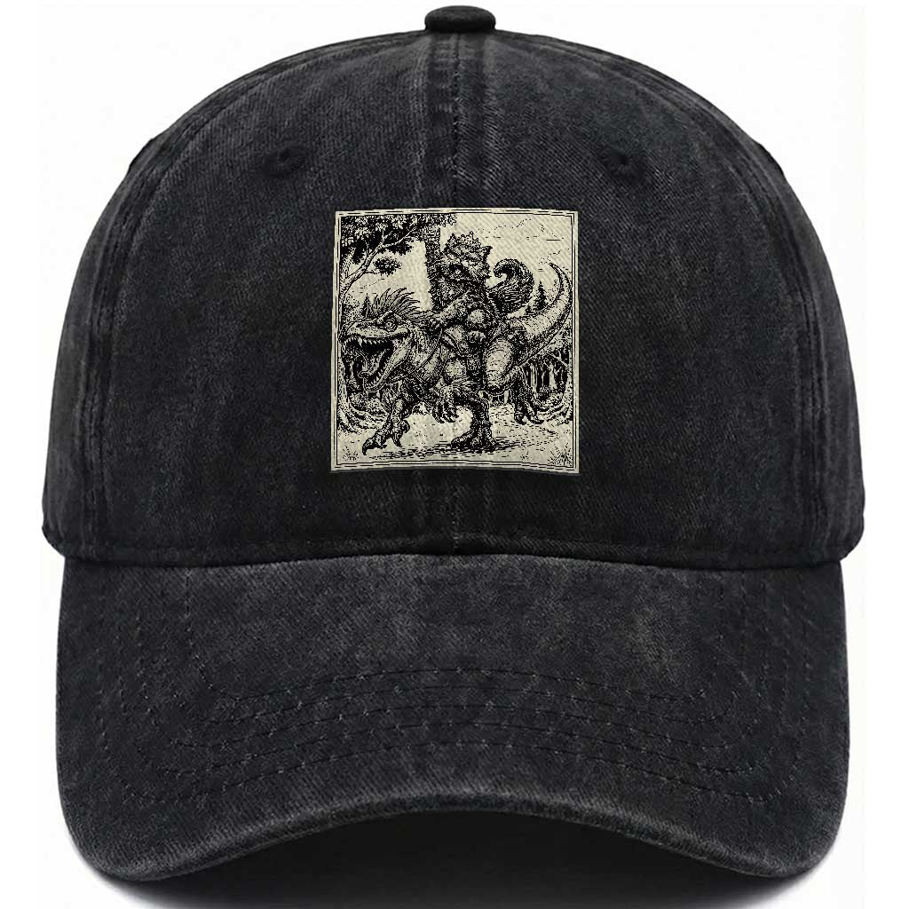Cool Royal Cat Riding Dinosaur Washed Cotton Baseball Cap Rock N Roll Engraving Graphic Art TS12 Print Your Wear
