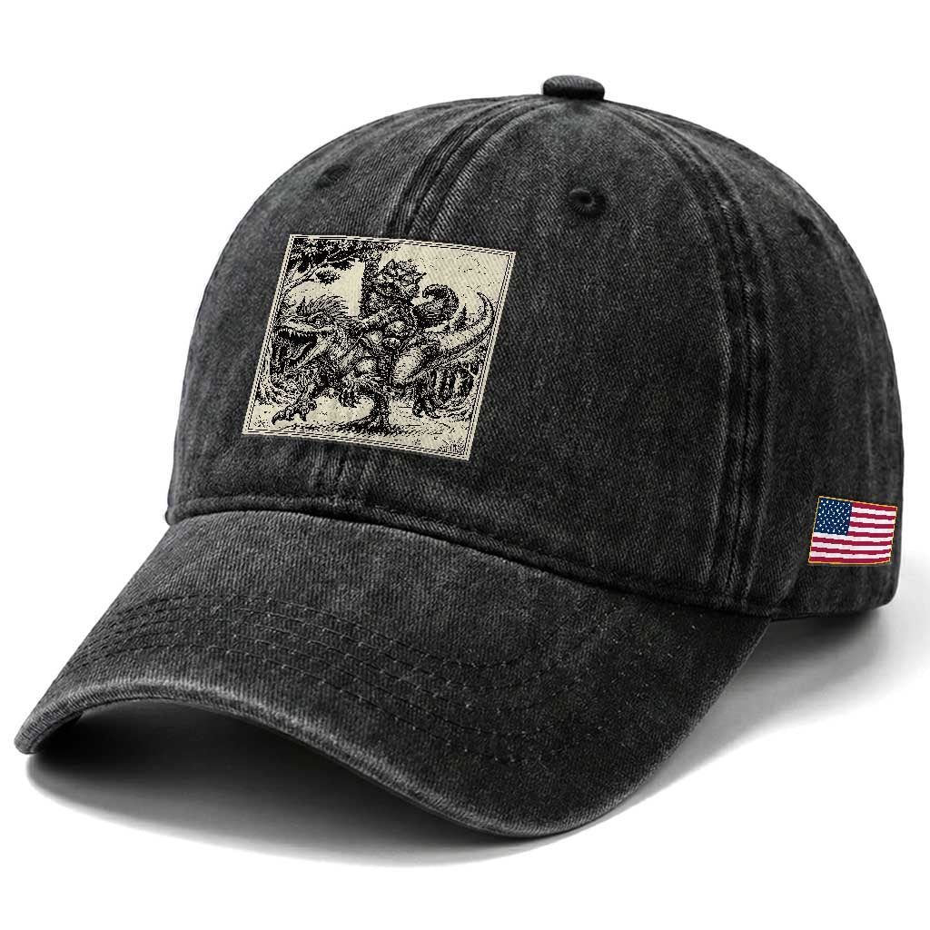 Cool Royal Cat Riding Dinosaur Washed Cotton Baseball Cap Rock N Roll Engraving Graphic Art