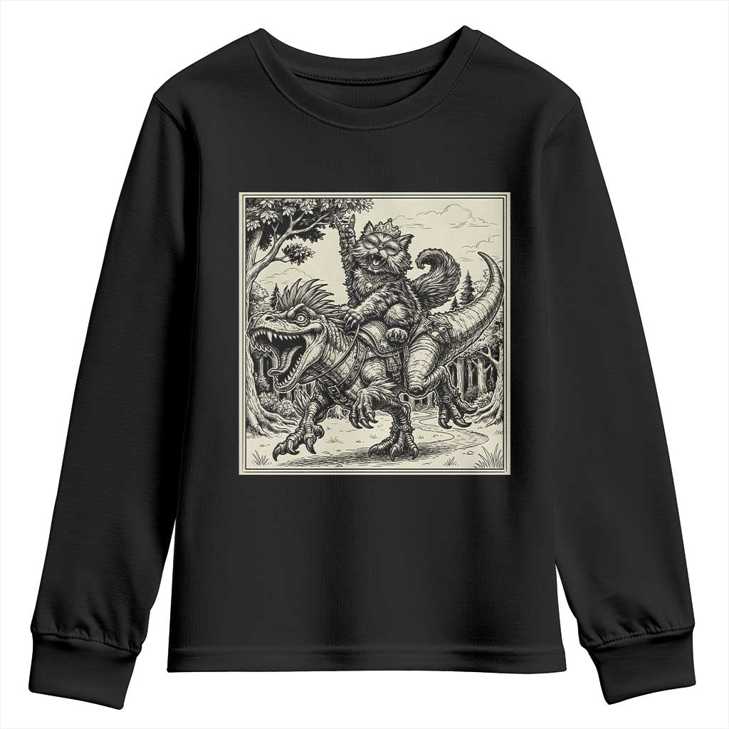 Cool Royal Cat Riding Dinosaur Youth Sweatshirt Rock N Roll Engraving Graphic Art TS12 Black Print Your Wear