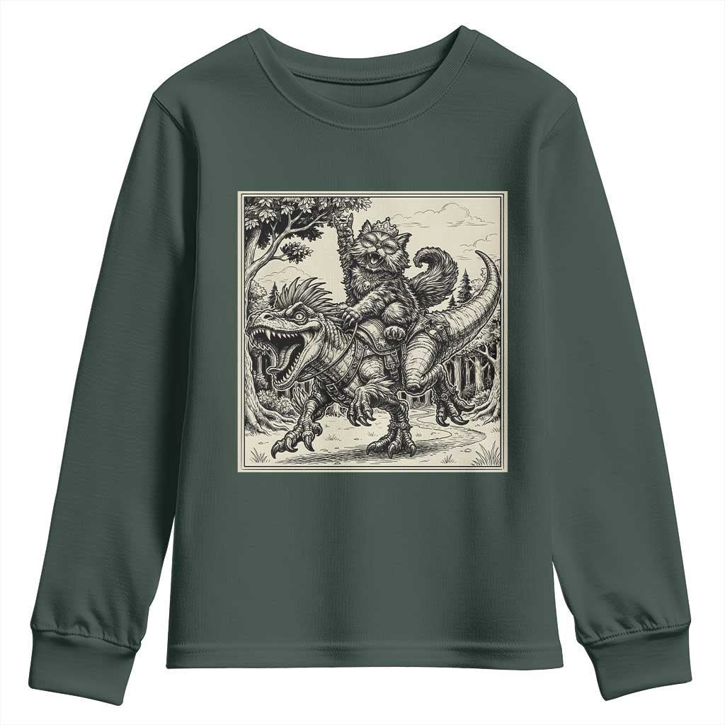 Cool Royal Cat Riding Dinosaur Youth Sweatshirt Rock N Roll Engraving Graphic Art