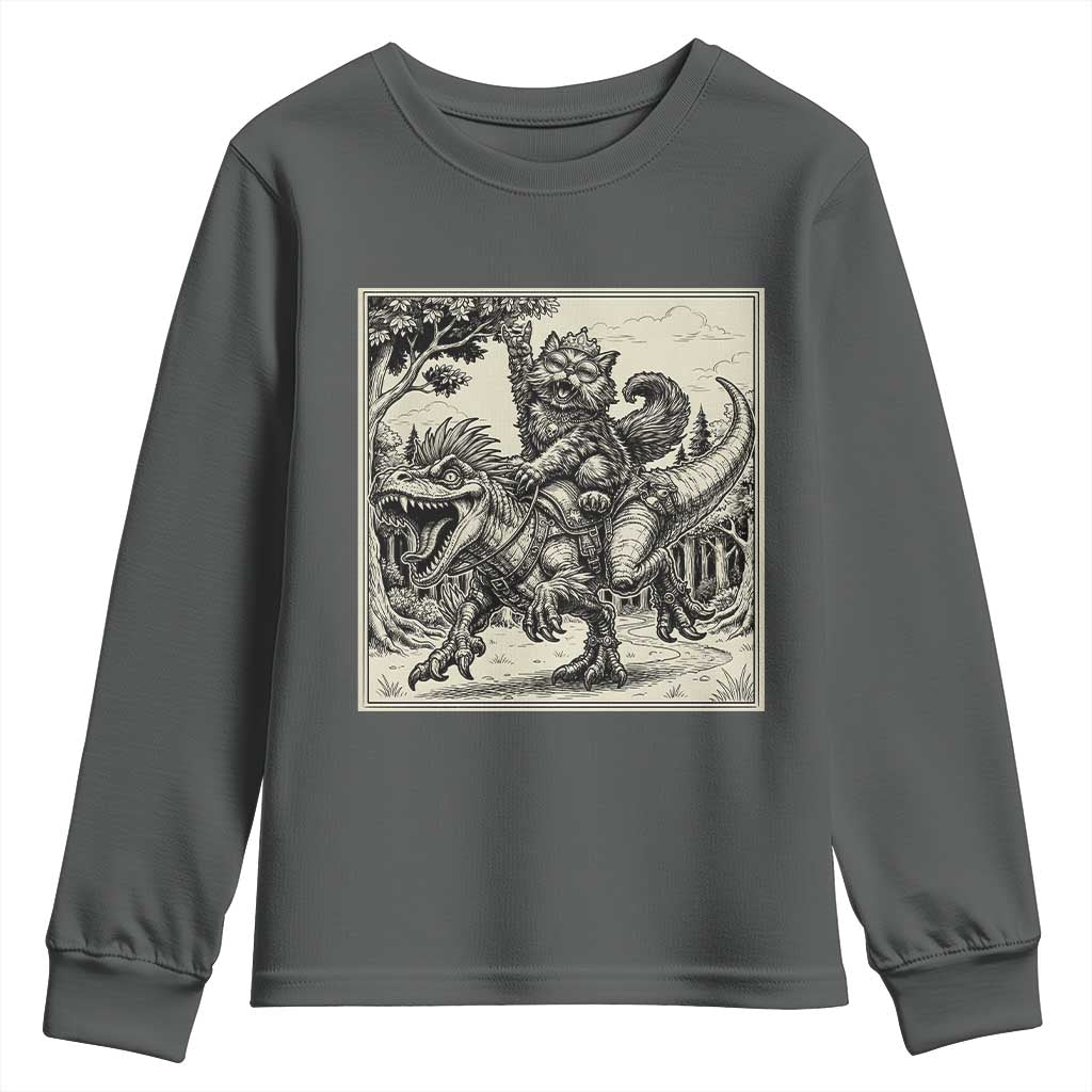Cool Royal Cat Riding Dinosaur Youth Sweatshirt Rock N Roll Engraving Graphic Art