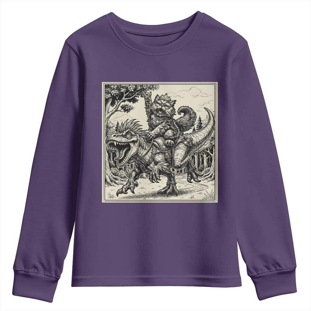 Cool Royal Cat Riding Dinosaur Youth Sweatshirt Rock N Roll Engraving Graphic Art