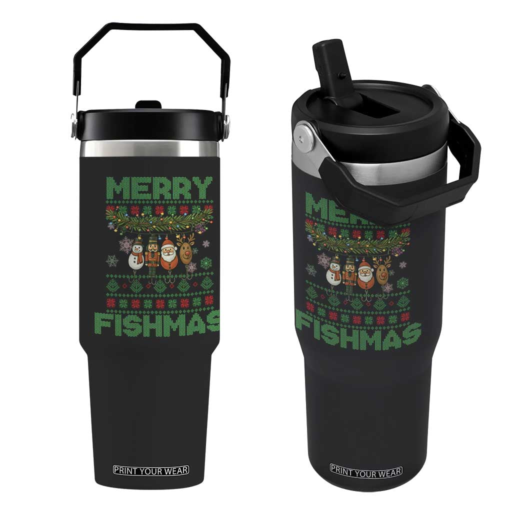 Merry Fishmas Ugly Sweater Flip Straw Tumbler Funny Fishing Holiday Gift TS12 One Size: 30 oz Black Print Your Wear