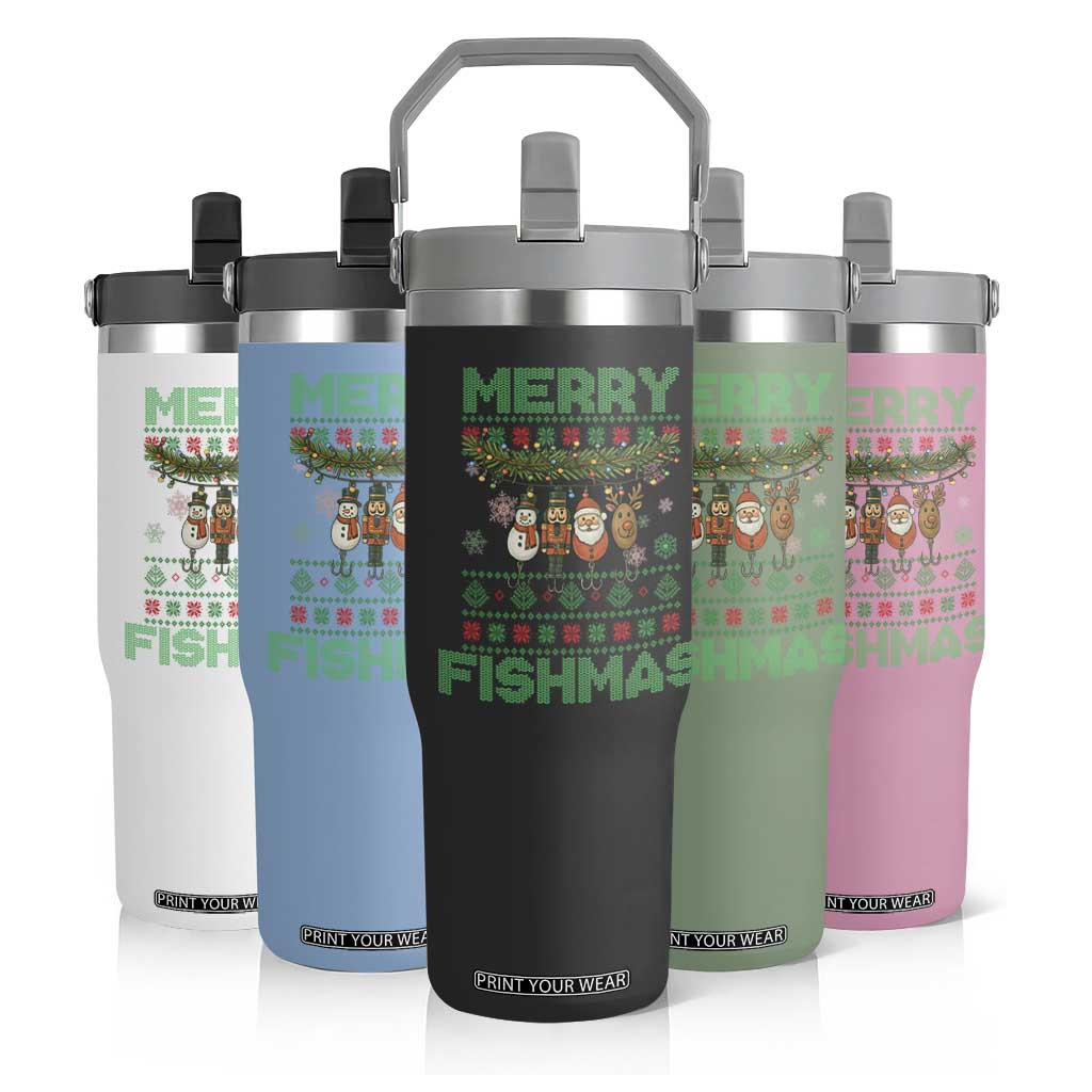 Merry Fishmas Ugly Sweater Flip Straw Tumbler Funny Fishing Holiday Gift TS12 Print Your Wear