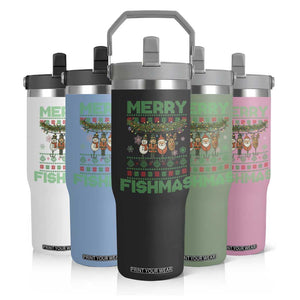 Merry Fishmas Ugly Sweater Flip Straw Tumbler Funny Fishing Holiday Gift TS12 Print Your Wear