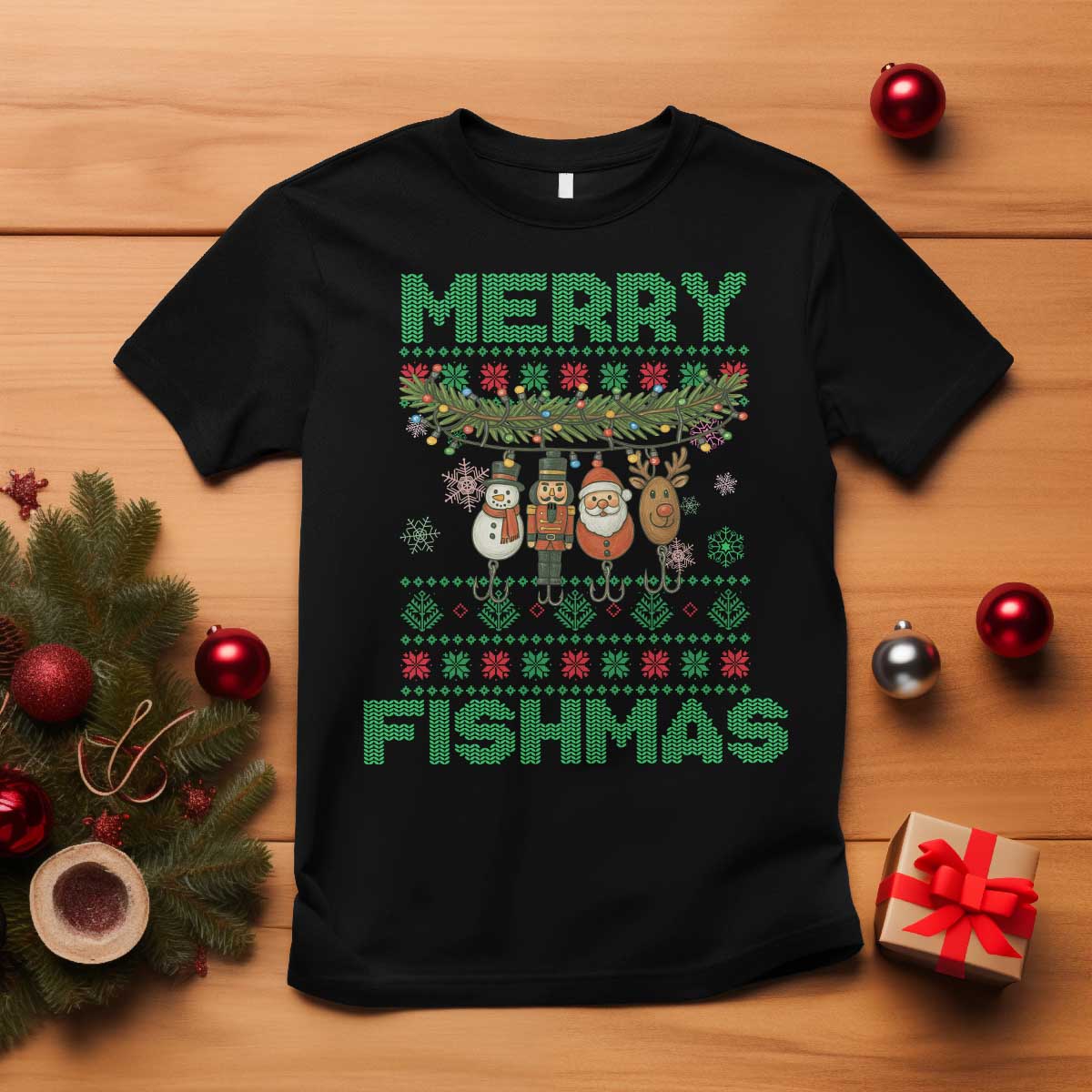 Merry Fishmas Ugly Sweater T Shirt Funny Fishing Holiday Gift TS12 Black Print Your Wear
