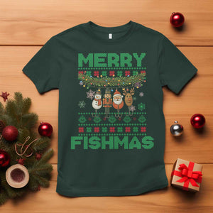 Merry Fishmas Ugly Sweater T Shirt Funny Fishing Holiday Gift TS12 Dark Forest Green Print Your Wear