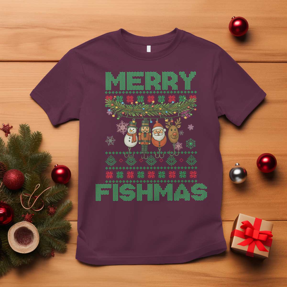 Merry Fishmas Ugly Sweater T Shirt Funny Fishing Holiday Gift TS12 Maroon Print Your Wear