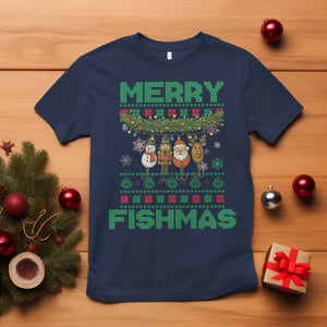 Merry Fishmas Ugly Sweater T Shirt Funny Fishing Holiday Gift TS12 Navy Print Your Wear