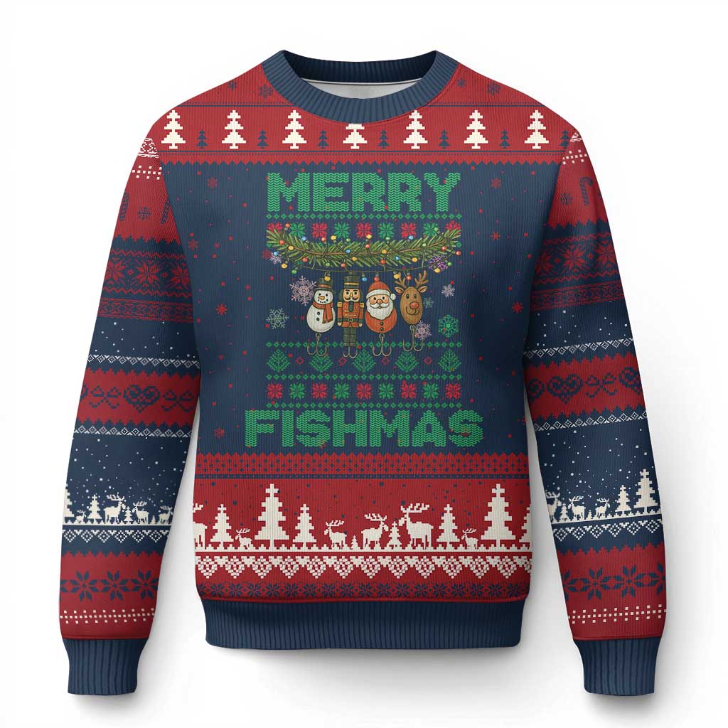 Merry Fishmas Ugly Sweater Ugly Christmas Sweater Funny Fishing Holiday Gift TS12 Navy Red Print Your Wear