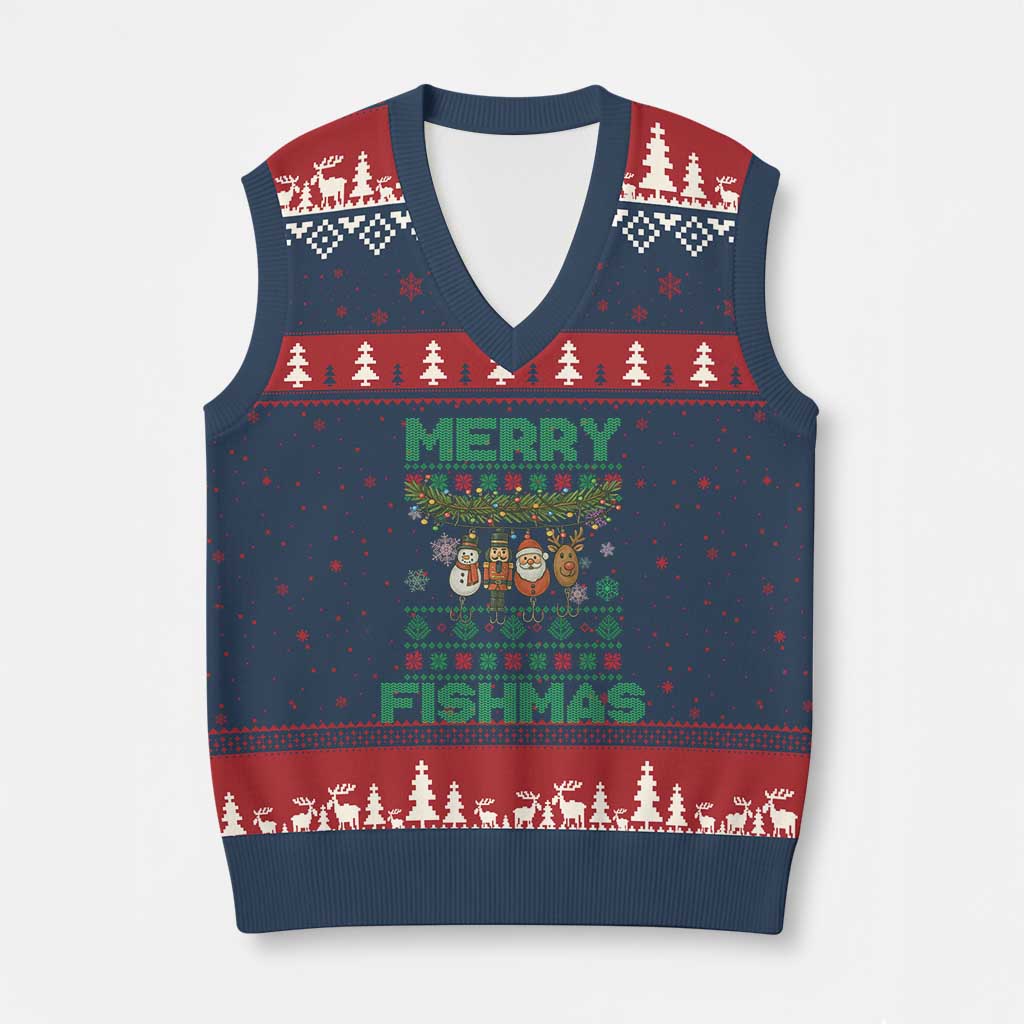 Merry Fishmas Ugly Sweater V-Neck Knit Sweater Vest Funny Fishing Holiday Gift TS12 Navy Red Print Your Wear