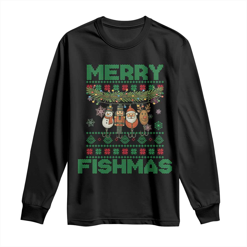 Merry Fishmas Ugly Sweater Long Sleeve Shirt Funny Fishing Holiday Gift TS12 Black Print Your Wear
