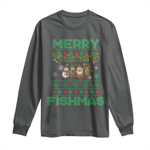 Merry Fishmas Ugly Sweater Long Sleeve Shirt Funny Fishing Holiday Gift TS12 Dark Heather Print Your Wear