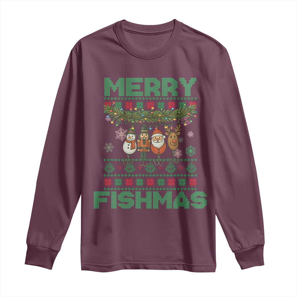 Merry Fishmas Ugly Sweater Long Sleeve Shirt Funny Fishing Holiday Gift TS12 Maroon Print Your Wear