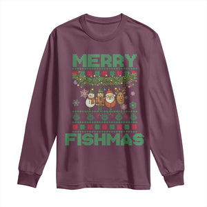 Merry Fishmas Ugly Sweater Long Sleeve Shirt Funny Fishing Holiday Gift TS12 Maroon Print Your Wear