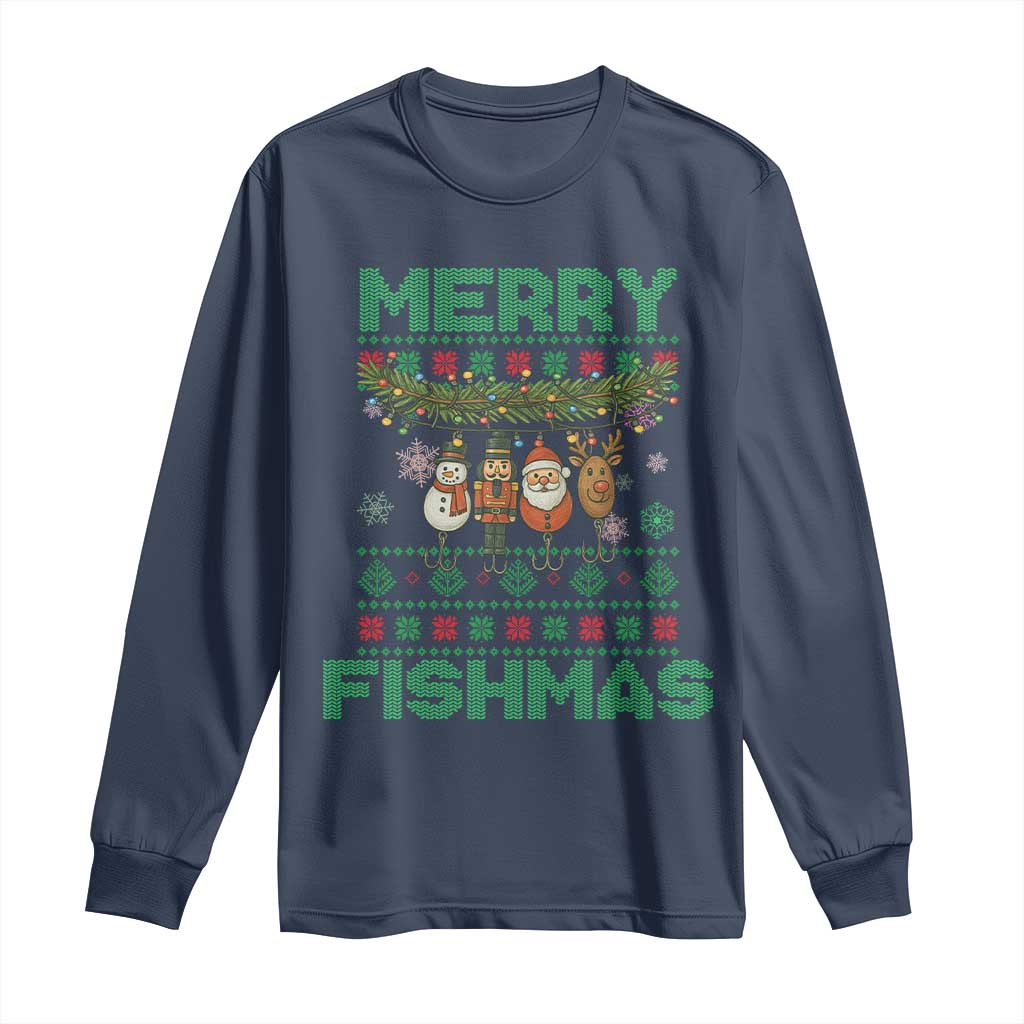 Merry Fishmas Ugly Sweater Long Sleeve Shirt Funny Fishing Holiday Gift TS12 Navy Print Your Wear