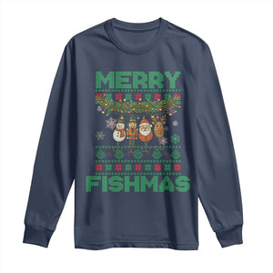 Merry Fishmas Ugly Sweater Long Sleeve Shirt Funny Fishing Holiday Gift TS12 Navy Print Your Wear