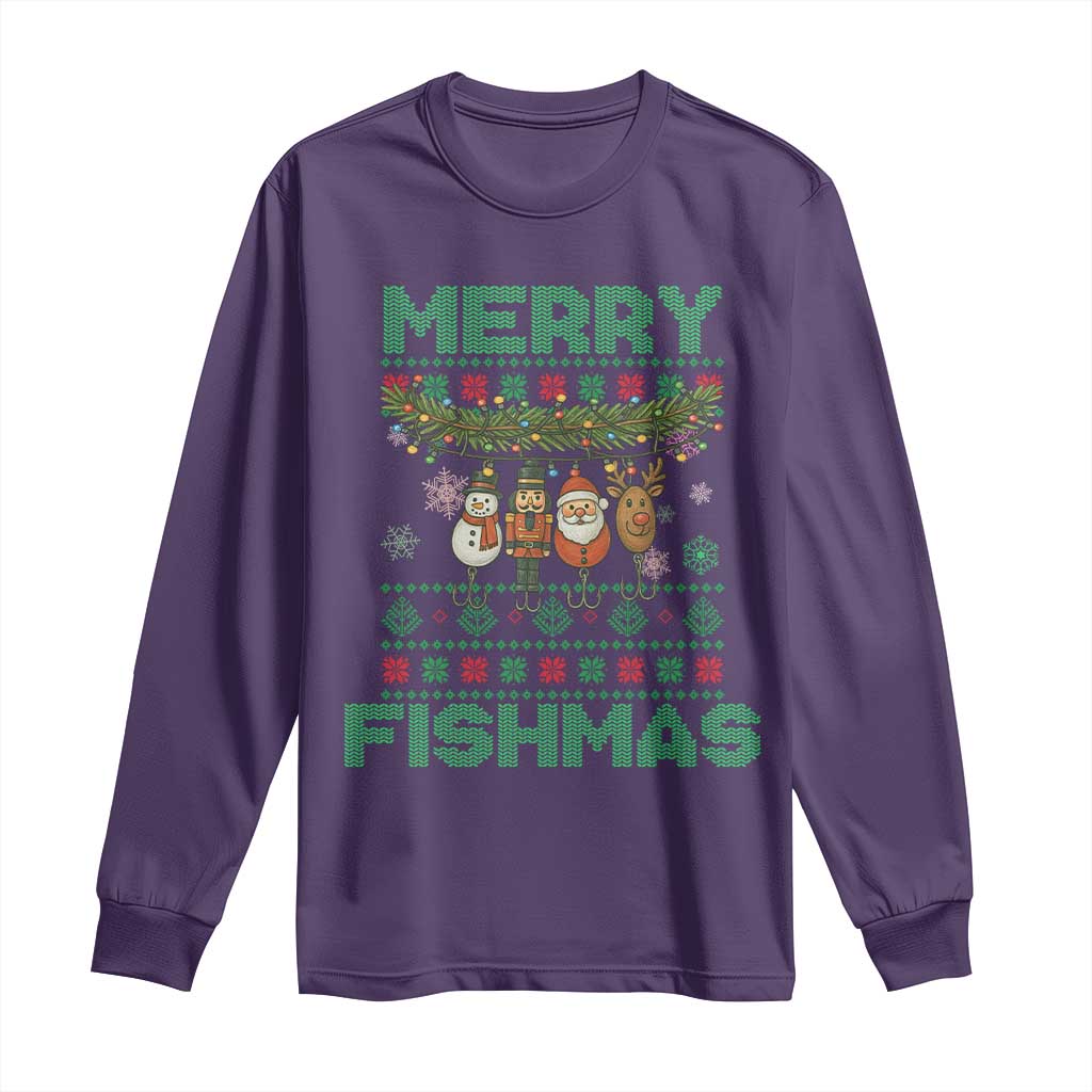 Merry Fishmas Ugly Sweater Long Sleeve Shirt Funny Fishing Holiday Gift TS12 Purple Print Your Wear