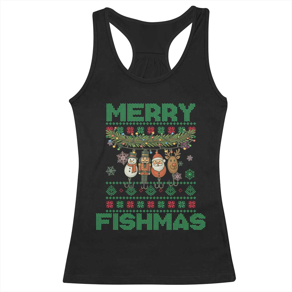 Merry Fishmas Ugly Sweater Racerback Tank Top Funny Fishing Holiday Gift TS12 Black Print Your Wear