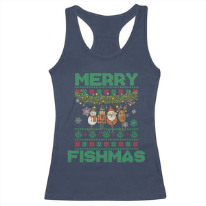 Merry Fishmas Ugly Sweater Racerback Tank Top Funny Fishing Holiday Gift TS12 Navy Print Your Wear