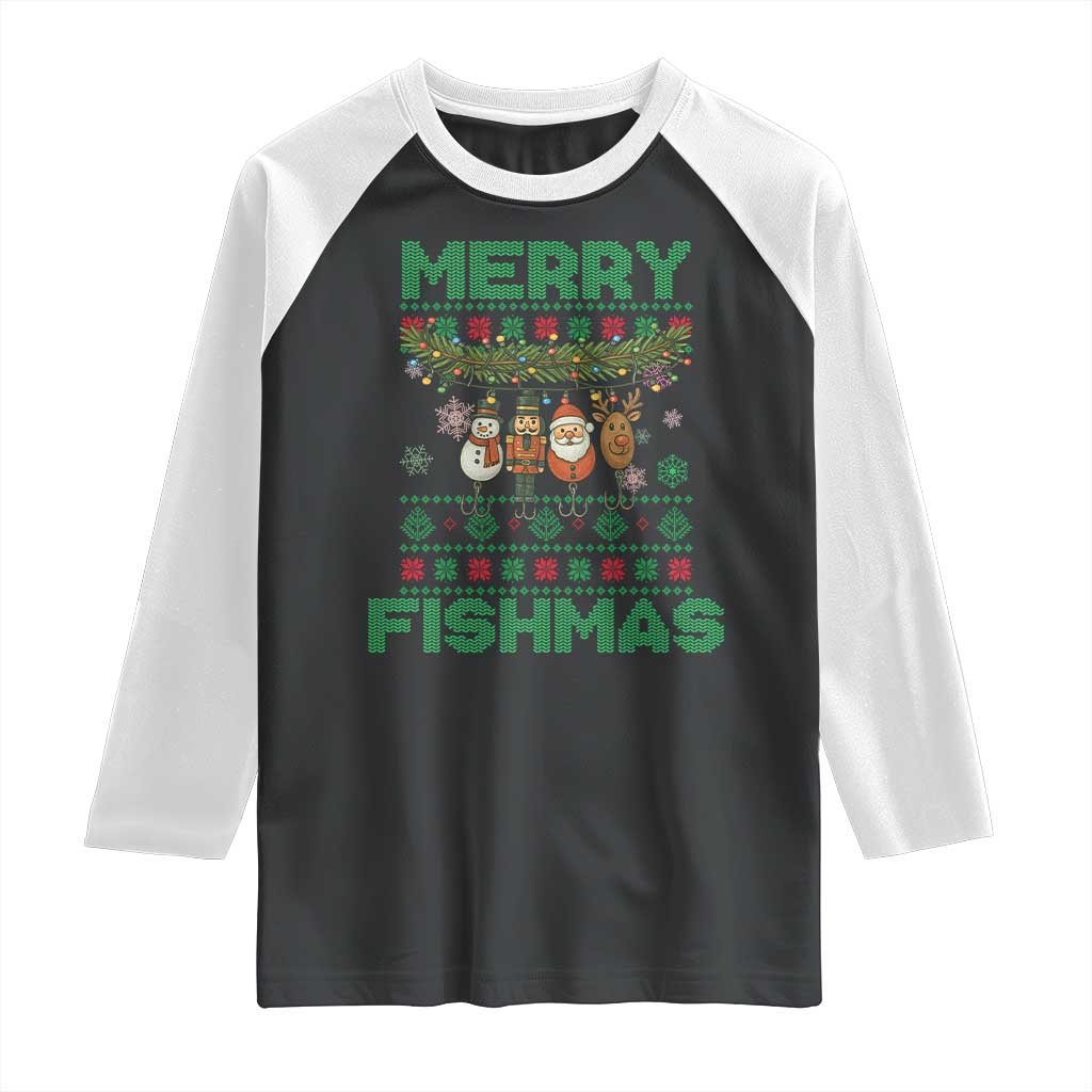 Merry Fishmas Ugly Sweater Raglan Shirt Funny Fishing Holiday Gift TS12 Black White Print Your Wear
