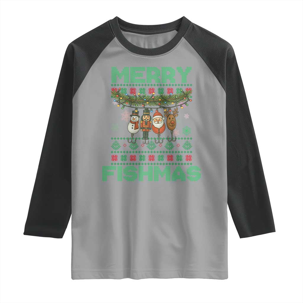 Merry Fishmas Ugly Sweater Raglan Shirt Funny Fishing Holiday Gift TS12 Sport Gray Black Print Your Wear