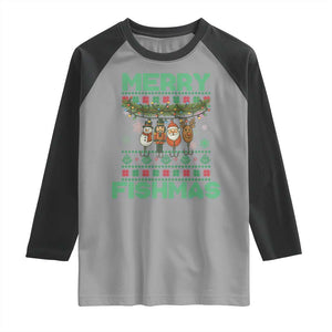 Merry Fishmas Ugly Sweater Raglan Shirt Funny Fishing Holiday Gift TS12 Sport Gray Black Print Your Wear