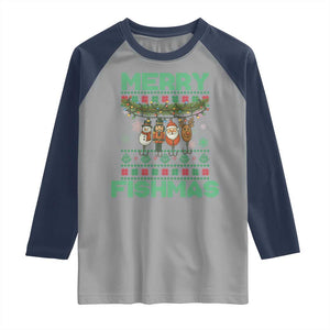 Merry Fishmas Ugly Sweater Raglan Shirt Funny Fishing Holiday Gift TS12 Sport Gray Navy Print Your Wear